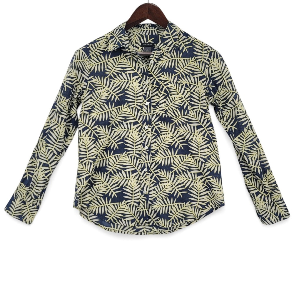 Ann Taylor XS Shirt 100% Cotton Tropical Leaf Button Front Blue Casual Top
